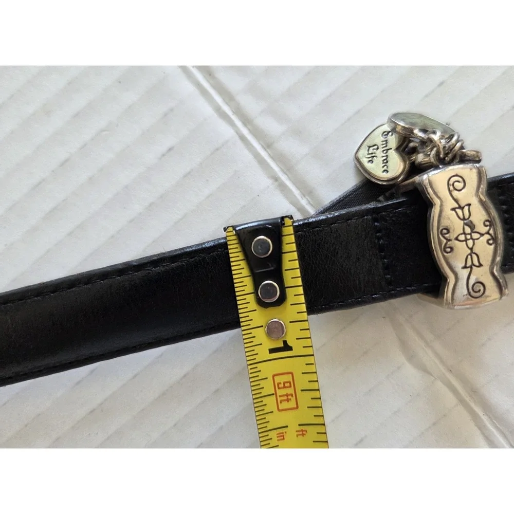 Vtg Brighton Skinny Belt B30283 Black Silver Buckle 3 Small Heart Charms Lg 34